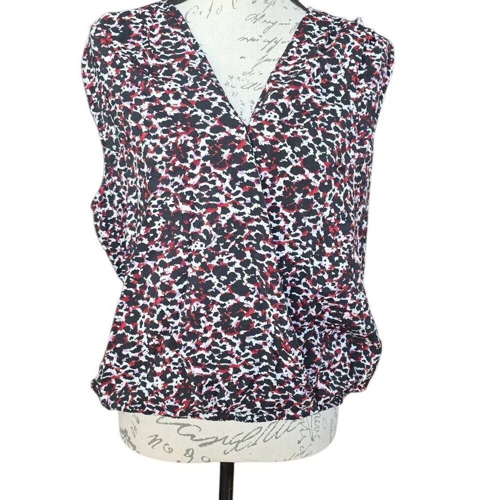 Nine Britton Women's Size Large Black White Red Deep V-Neck Wrap Style Blouse